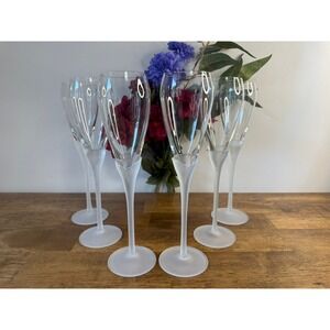 Vintage Colony Amaryllis Frosted Champagne Flutes Set of 6 Clear Floral Stemware